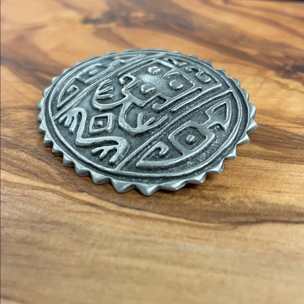 Vintage JJ Jonette Tribal Design Pewter Brooch Pin